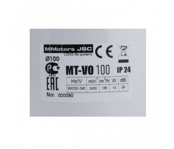 Вытяжной вентилятор 105 м.куб. Mmotors MT-VO 100 канальный с клапаном